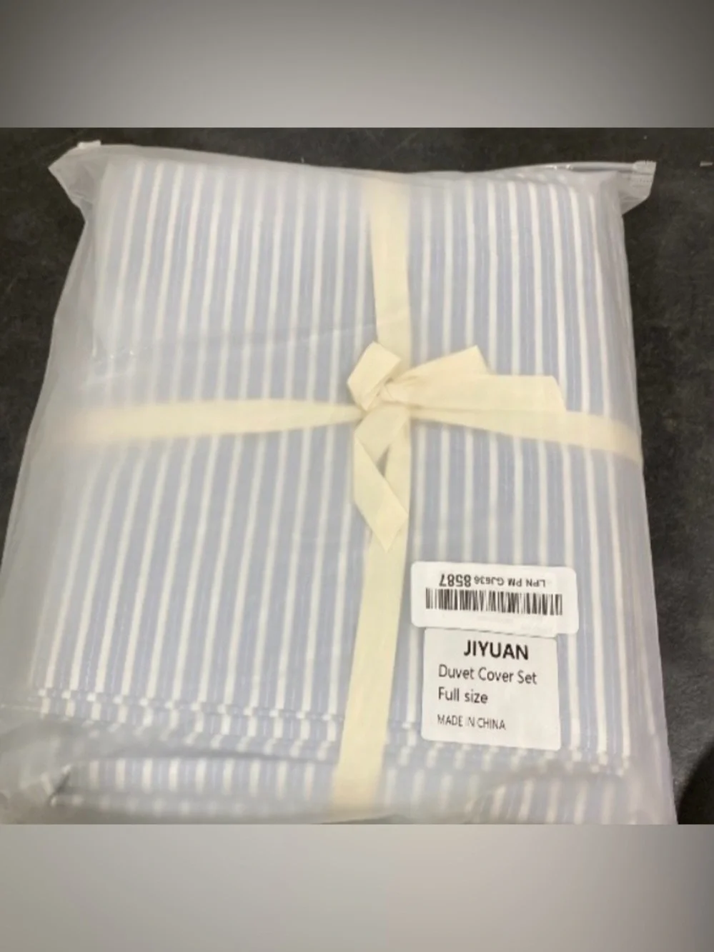 FULL DUVET Set 100% Washed Cotton Linen-Like Pinstripe Cornflower Blue/White